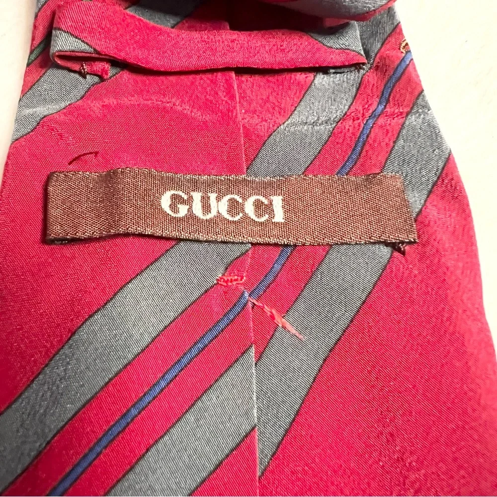 Vintage Gucci Silk Monogram Horsebit Tie Red Gray Vertical Striped Navy Gold